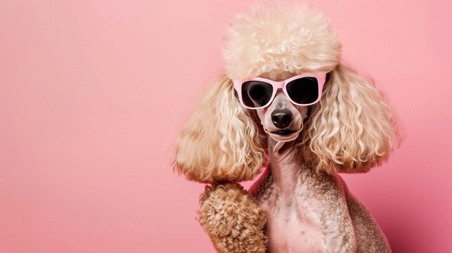 Elegant Poodle in Sunglasses Posing with Paws Crossed and Nose in the Air, Embodying a Glamorous, Vain Fashion Model Attitude. Stylish Canine with Sophisticated Look and Attitude