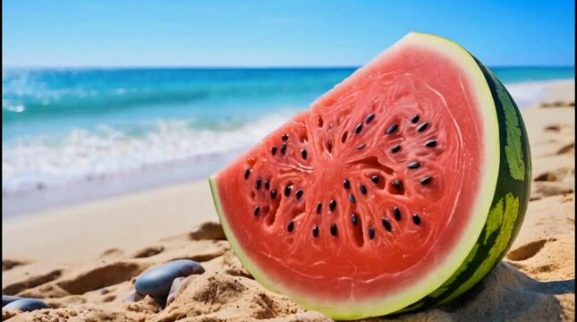 Realistic Medium Angle Dolly Shot of Watermelon on Beach