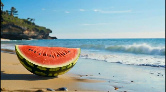 Cinematic Side View Roll Shot of Watermelon on Beach