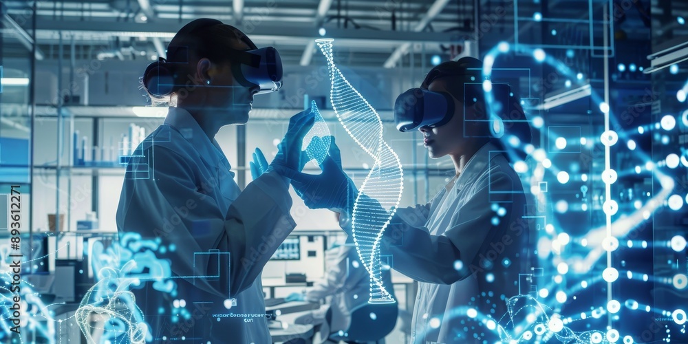 Poster researchers in a futuristic lab using virtual reality to analyze interconnected cell data, surrounde