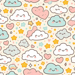 Cute seamless pattern of tiny stars and hearts in pastel colors