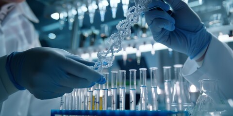 Close-up of a researcher transferring interconnected cell samples into test tubes, with lab equipment and genetic models in the background, showcasing cutting-edge biotech research