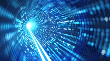 Abstract Digital Background with Blue Glowing Lights and Code Lines Forming an Illuminated Tunnel to the Future, Symbolizing Technology Innovation and Data Transfer in Virtual Space