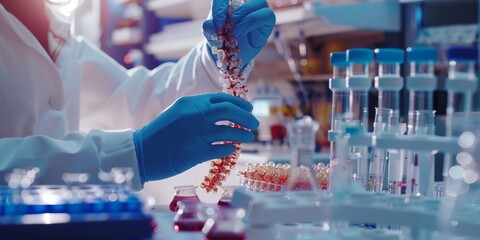 Close-up of a researcher transferring interconnected cell samples into test tubes, with lab equipment and genetic models in the background, showcasing cutting-edge biotech research