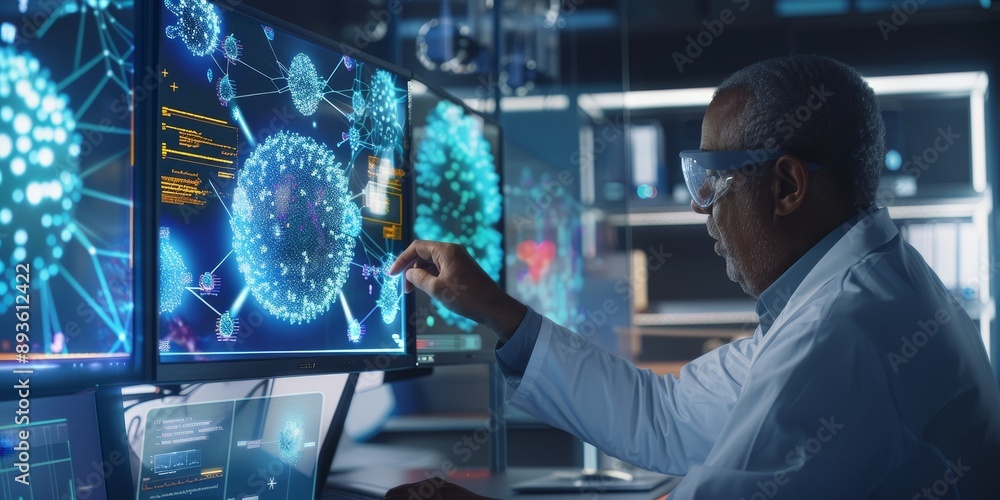 Poster researchers in a high-tech lab analyzing interconnected cell structures on holographic displays, wit