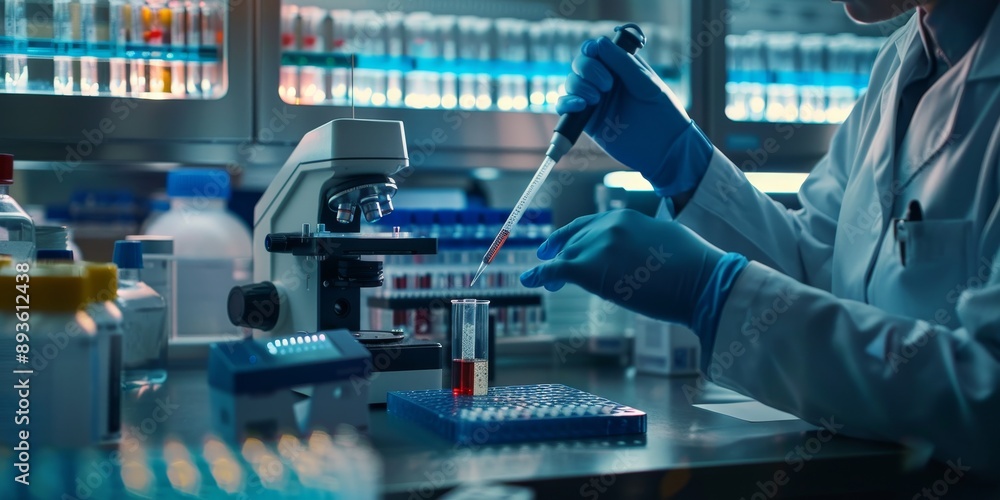 Poster close-up of a scientist injecting interconnected cell samples into a dna sequencer, with lab equipme