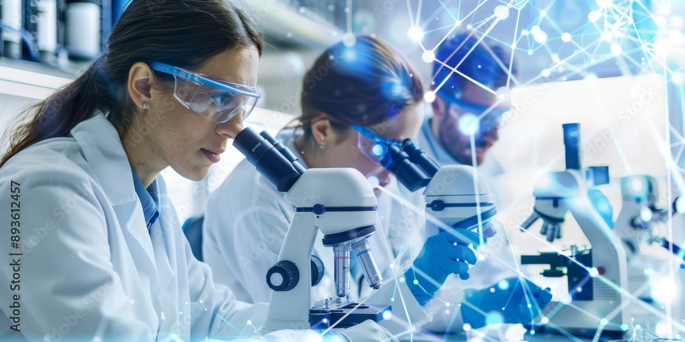 Poster Researchers in a biotech lab examining interconnected cell samples under a microscope, with advanced equipment and DNA models, showcasing interconnected biotech advancements