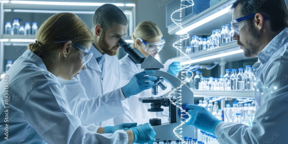 Poster researchers in a biotech lab examining interconnected cell samples under a microscope, with advanced