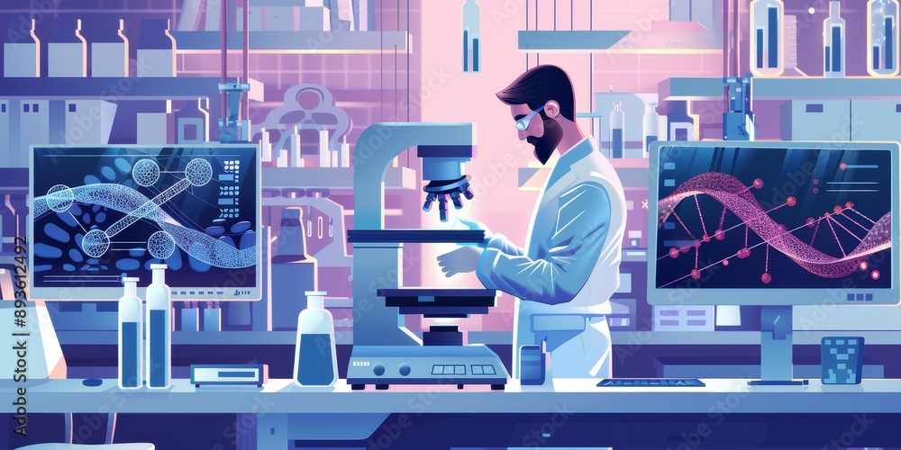 Poster a biotech engineer using a 3d bioprinter to create interconnected cell samples, surrounded by advanc
