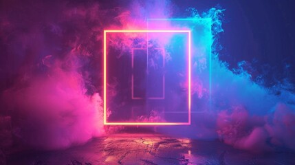 Abstract neon background with glowing square shape and spinning cloud. Blank geometric frame
