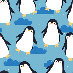 seamless pattern cartoon penguin with blue sky and clouds. cute wallpaper for textile, gift wrap paper