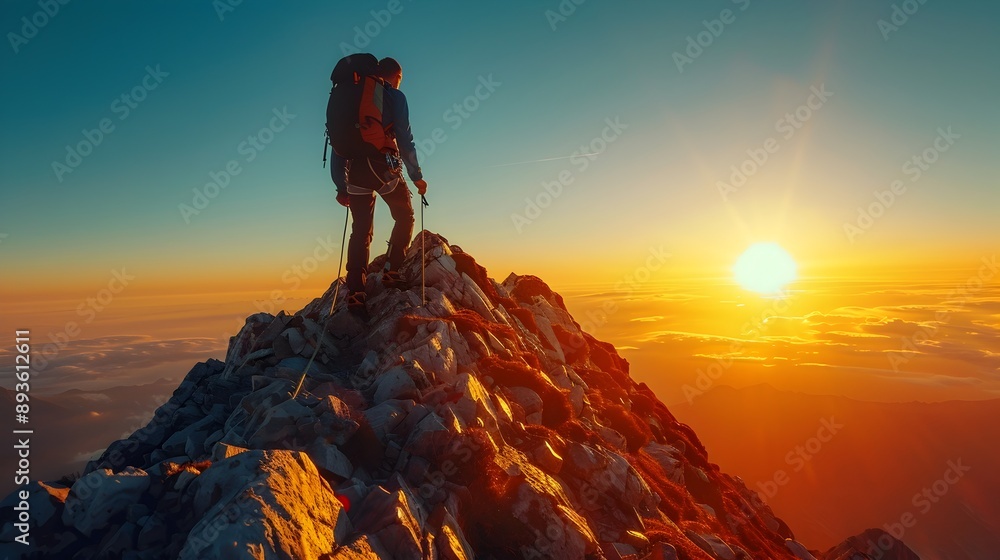 Poster Lone climber reaching mountain peak at dramatic sunrise celebrating triumph and perseverance