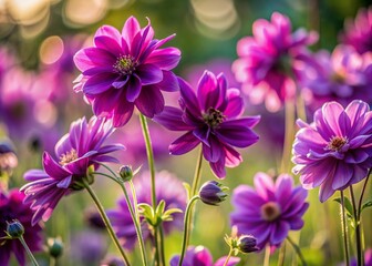 Delicate purple petals unfold from slender stems, gently swaying in the breeze, showcasing nature's beauty in soft, diffused light, and vibrant, velvety texture.