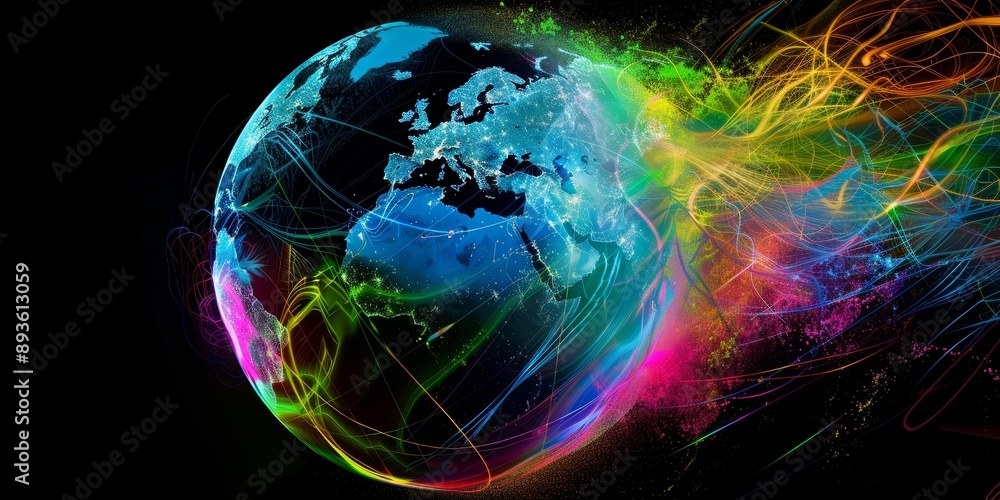 Poster an abstract globe design with vibrant streaks, symbolizing the evolution and expansion of global net