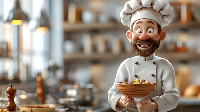 A 3D clipart of a chef with a big smile, holding a wooden spoon, in a colorful kitchen, white background, 