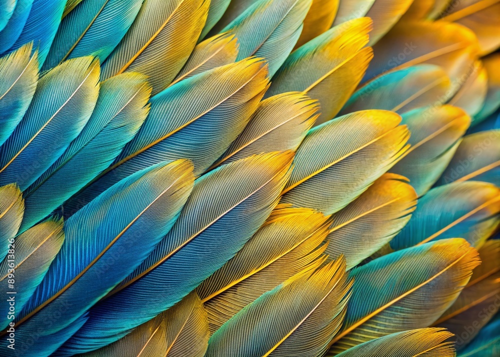 Poster vibrant closeup of tropical bird's feathers in light blue and gold hues, showcasing intricate macro 
