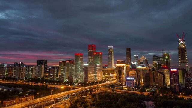 High Angle View of Beijing Skyline, Night to Day Transition  Beijing, China