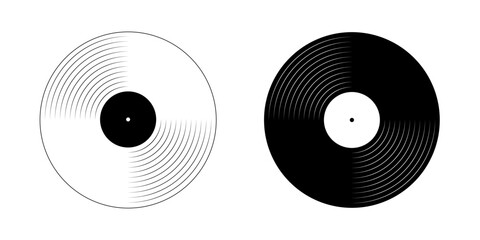 Black and white gramophone vinyl plate icons. LP or long play music records. DJ equipment. Techno party or 70s 80s 90s discotheque nostalgia concept. Vector graphic illustration.