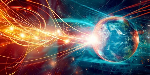 Obraz premium An artistic depiction of a globe surrounded by glowing lines, symbolizing global intelligence and innovation