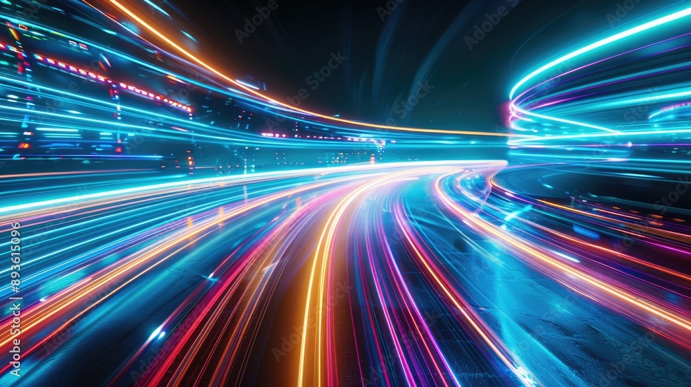 Poster modern abstract light trails with neon lines, illustrating dynamic motion and futuristic technology 