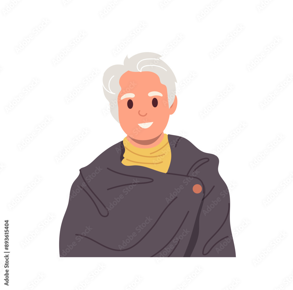 Wall mural Portrait of fashionable grey-haired mature guy cartoon character wearing stylish warm autumn cape