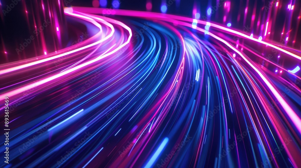 Poster modern abstract light trails with neon lines, illustrating dynamic motion and futuristic technology 