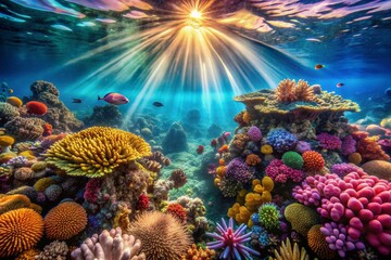 Obraz premium Vibrant coral reef teems with life, kaleidoscope of colors, and intricate textures, as sunbeams pierce through turquoise water, illuminating the ocean's hidden beauty.