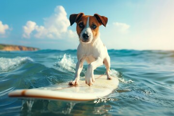 A determined dog takes on the waves with confidence, riding a surfboard skillfully over the ocean's surface, exemplifying pure joy and courage in the water under a sunny sky.
