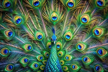 Vibrant peacock feathers spread wide, showcasing stunning iridescent blue and green hues, intricate patterns, and delicate textures on a clean minimalist background with ample copy space.