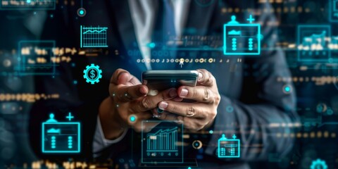 A businessman making financial transactions and payments online using a secure digital banking app