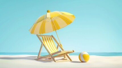 3d illustration of a beach chair with an umbrella and a ball in the sand on a blue background
