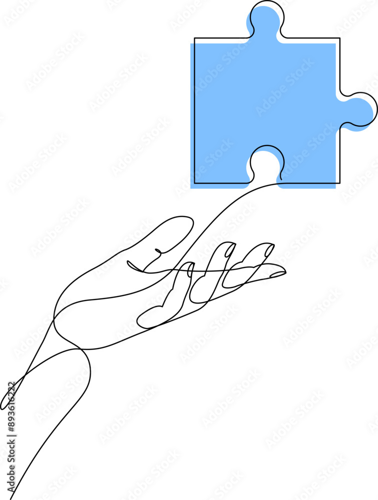 Aufkleber continuous one line drawing of human hand holding puzzle. puzzle game symbol on palm hand. business 