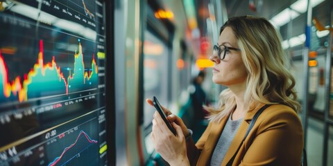 A businesswoman reviewing stock market trends and trading data on a smartphone while commuting on a train