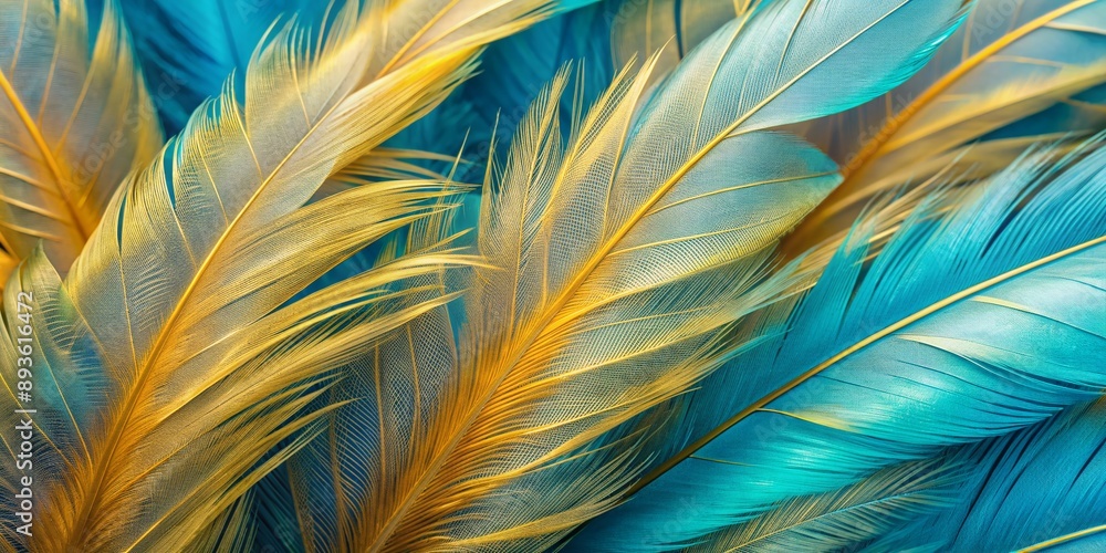 Poster vibrant light blue and gold feathers from a tropical bird create a stunning macro texture, forming a
