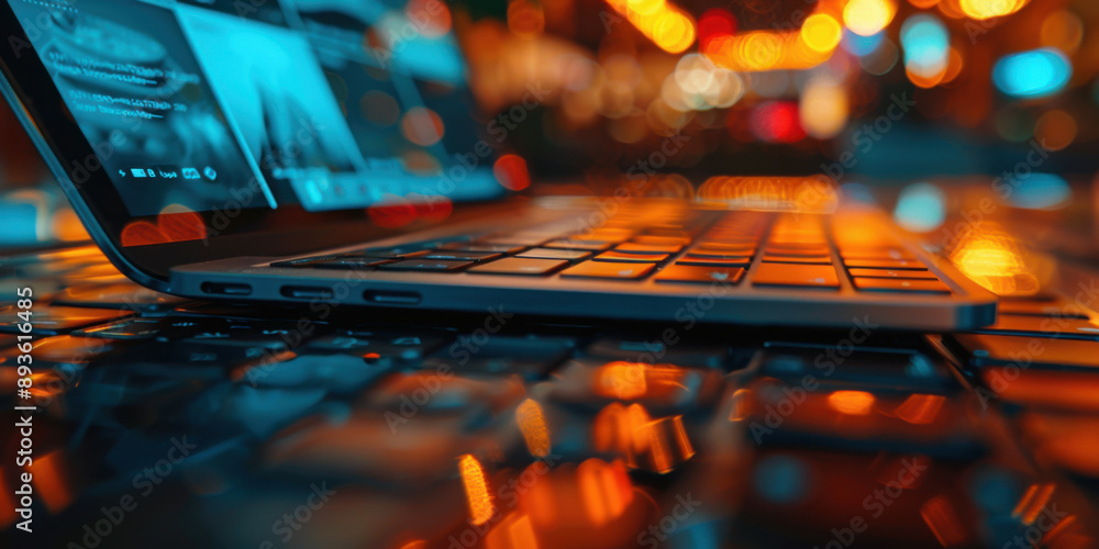 Poster laptop partially open with blurred lights in the background, emphasizing technology and modern works