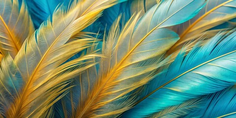 Vibrant light blue and gold feathers from a tropical bird create a stunning macro texture, forming a minimal abstract pattern with ample copy space.