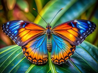 Naklejka premium Vibrant blue, orange, and yellow hues dance across the delicate, intricate scales of a butterfly's wing, showcasing nature's breathtaking beauty and majestic detail.