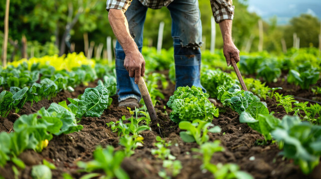 Contadino che utilizza un rastrello per raccogliere le verdure da un orto biologico