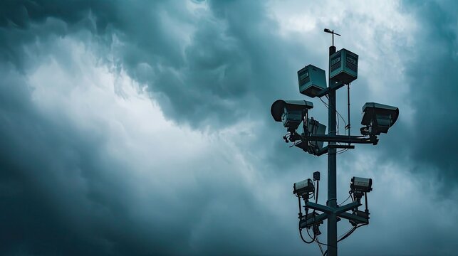 Weather station sensors on pole with dark, stormy clouds, gathering weather data