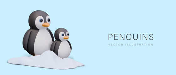 Vector penguin family standing on snow. 3D composition on blue background