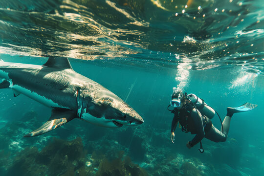 Grande squalo bianco sott'acqua con un subacqueo