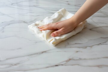 Woman's hand wipes down a white marble countertop with a cloth. House cleaning concept