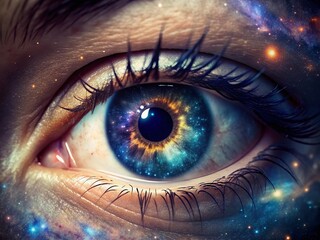 Close-up of a wide open human eye, with a stunning galaxy reflection and glowing starry sky, epitomizing beauty, vision, and the mysterious universe.