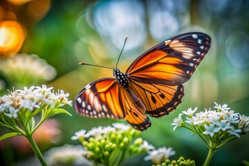Fototapeta premium Vibrant orange and black striped butterfly rests on delicate white petals of flowers, surrounded by soft blurred background, capturing serene beauty of nature.