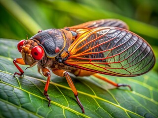 Fototapeta premium Vibrant orange-eyed cicada with distinctive red veins on transparent wings and black body, perched on a lush green leaf, showcasing its intriguing features up-close.