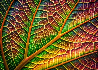 Vibrant colorful leaf showcasing intricate veins, delicate edges, and mesmerizing patterns, captured in stunning close-up macro photography, revealing nature's artistic beauty.
