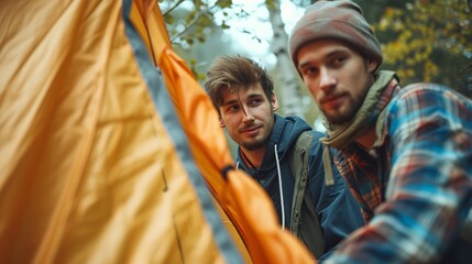 Two young men working together, facing challenges while setting up a tent in a lush green park. Perfect for outdoor adventure and camping themes.