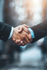 Business people shaking hands near office building, close up vertical view