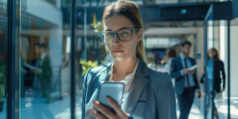 A female CEO using biometric security to access confidential data on a mobile device in a modern corporate headquarters