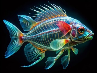 Fototapeta premium Vibrant ocean backdrop showcases a mesmerizing X-ray vision of a transparent fish, revealing intricate skeletal system, organs, and scales in exquisite anatomical detail.